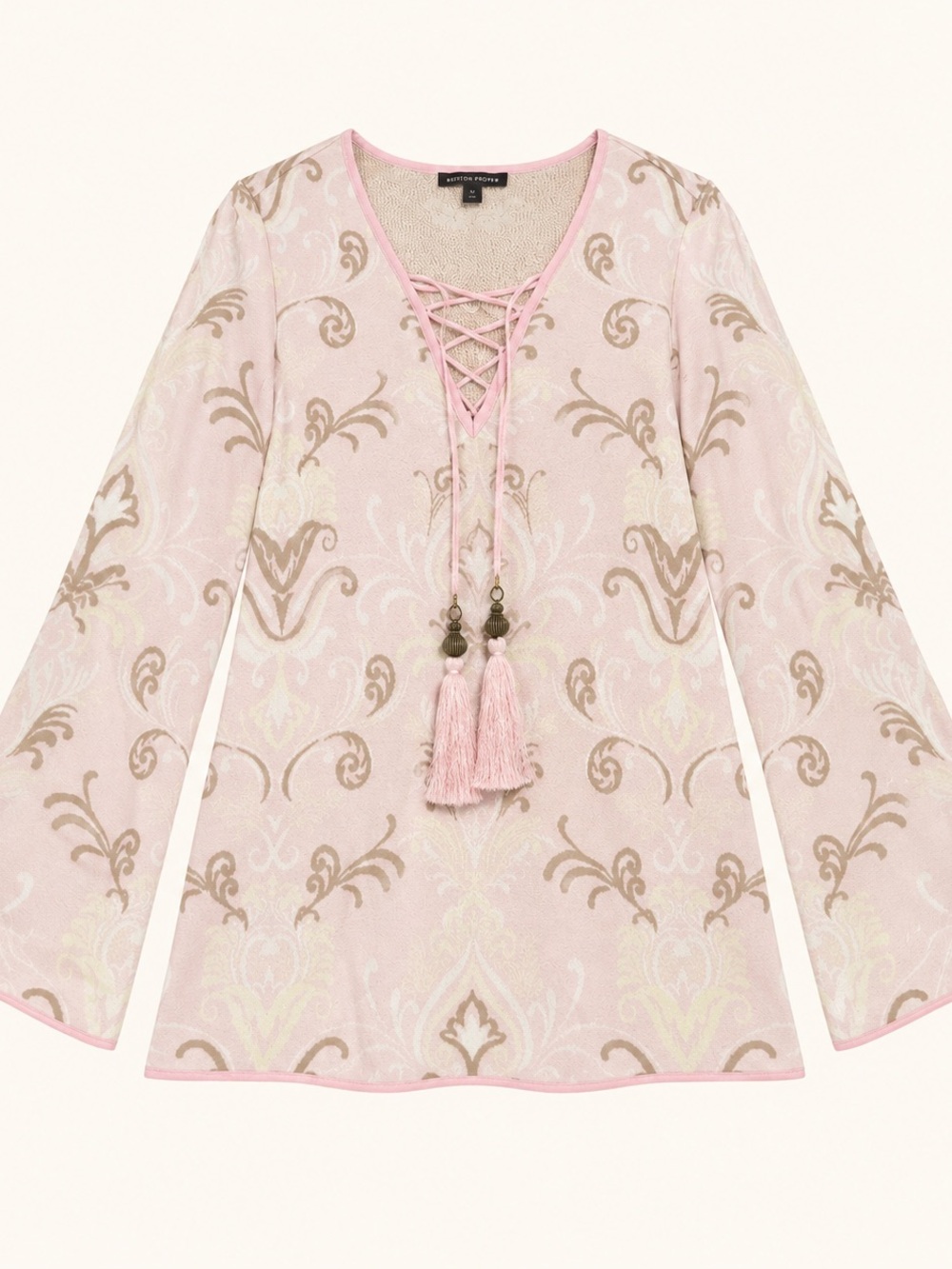 NWT Boston Proper Pink Damask Lace-Up Bell Sleeve Tassel Tunic L